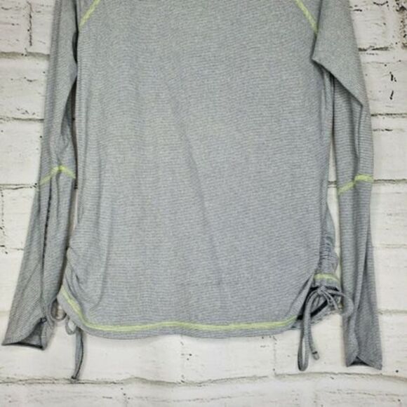 Lucy Tech Striped Ruched Top Womens Large Gray Thumb Hole Pullover Crew Shirt - Picture 2 of 9